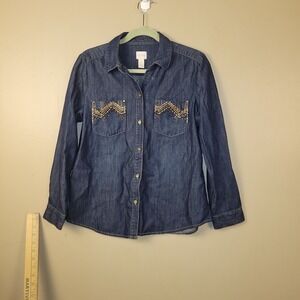 Chico's Women's Denim Style Blue Button-Down Blouse Long Sleeve Top Size 1 Med